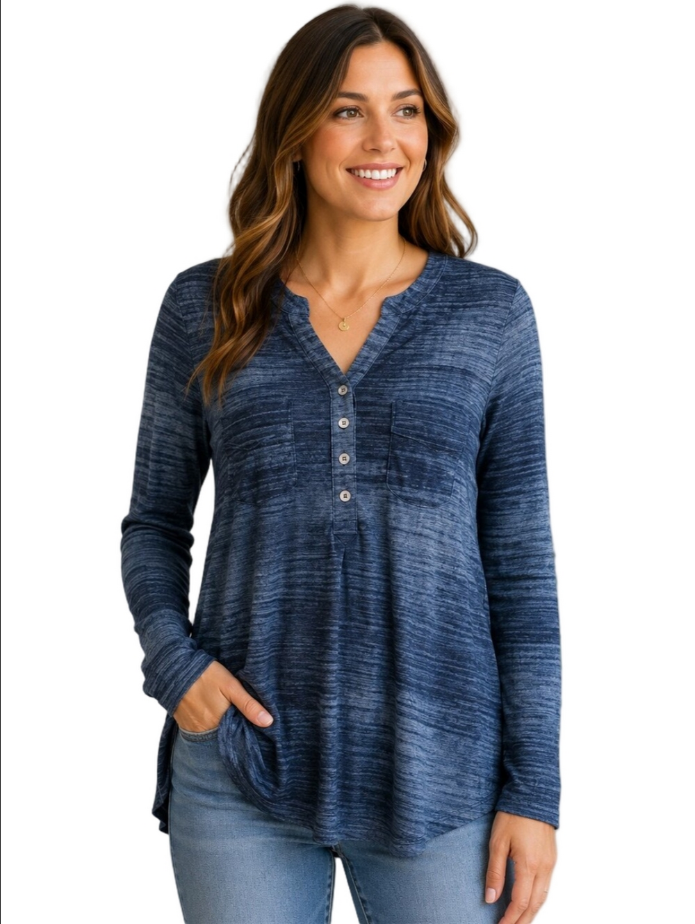 MyStyle  Faux Blue Jean Blouse Stretch Blue Tones S